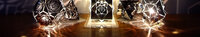 KAGE's collection of five lamps, brilliantly illuminated, casting intricate patterns of light and shadow in the darkness.